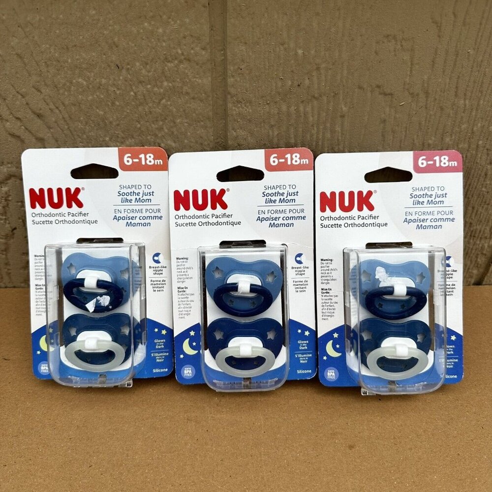 New Lot Nuk Blue Silicone Orthodontic Pacifiers Glow In The Dark 6-18 Months